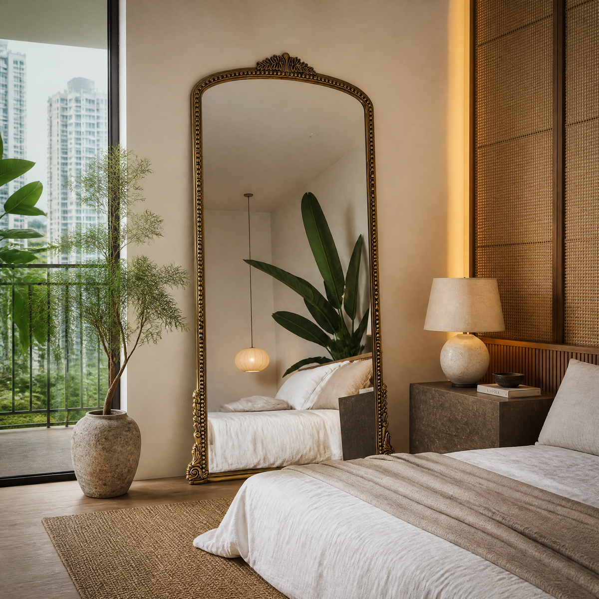 Hand Carved Mirror "Nirmala" in Gold Brass - 180 x 90 cm