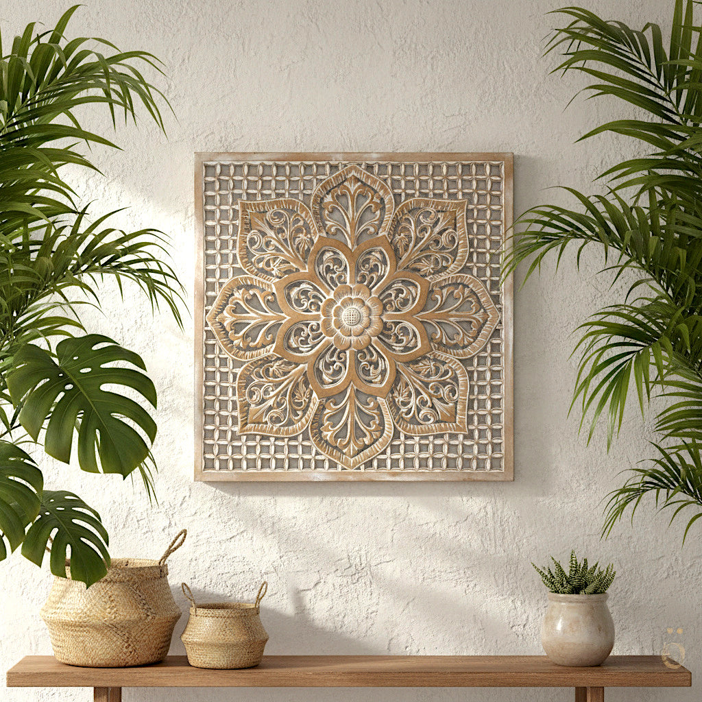 Carved Decorative Panel "Medit" - Antique Wash - 100 x 100 cm