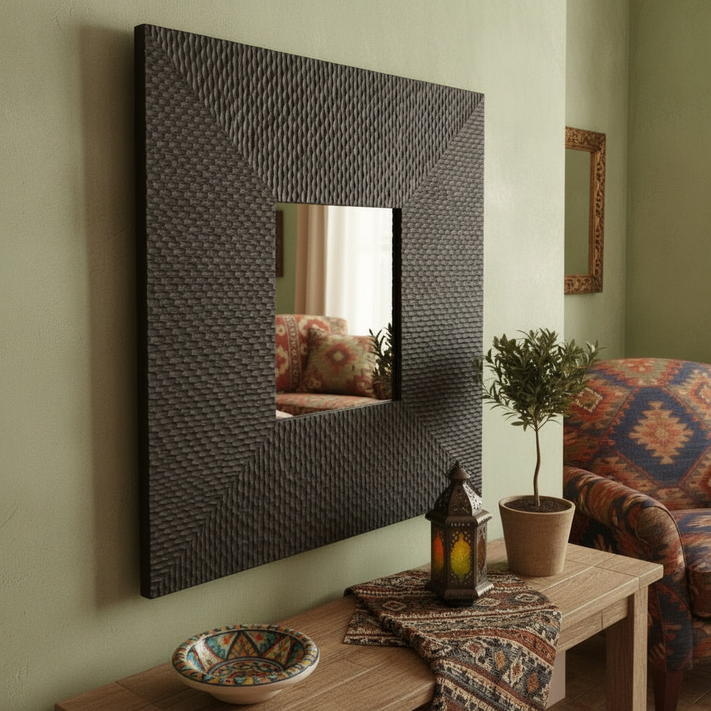 Wooden Sculptured Mirror "Rengkuh" - Black - 70 cm