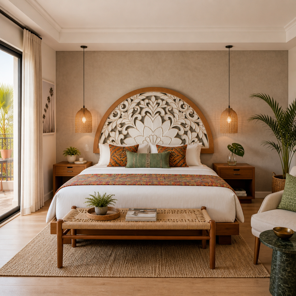 Carved Bed Headboard "Tabanan" - Natural & White Wash