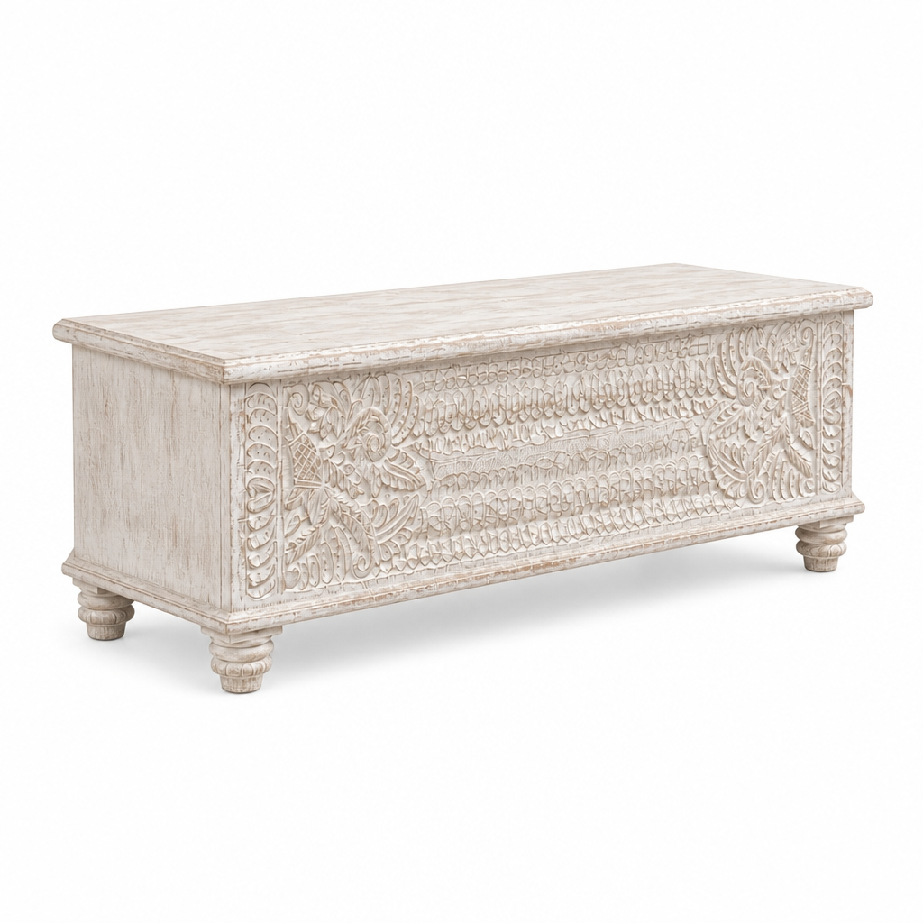 Customised Carved Wood Trunk "Victoria" - White Wash - 152 cm