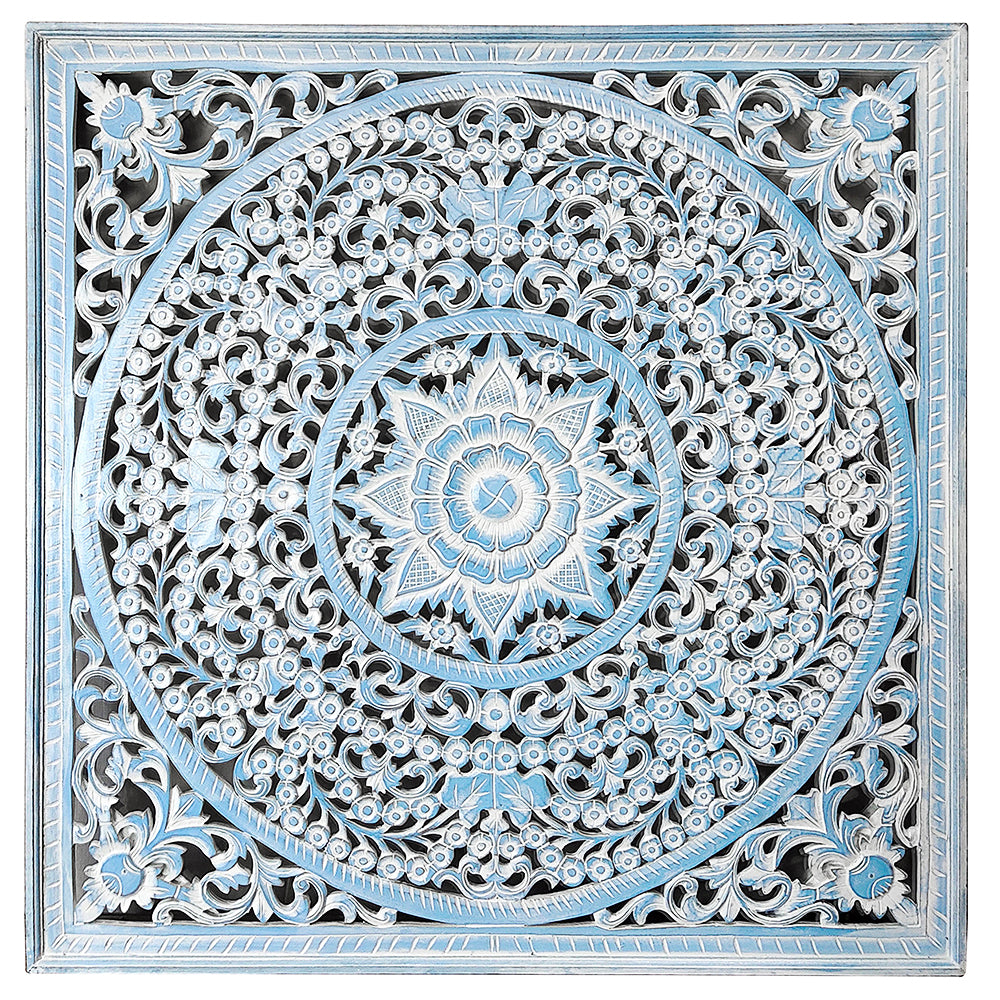 Carved Bed Headboard "Peony" in Light Blue Wash