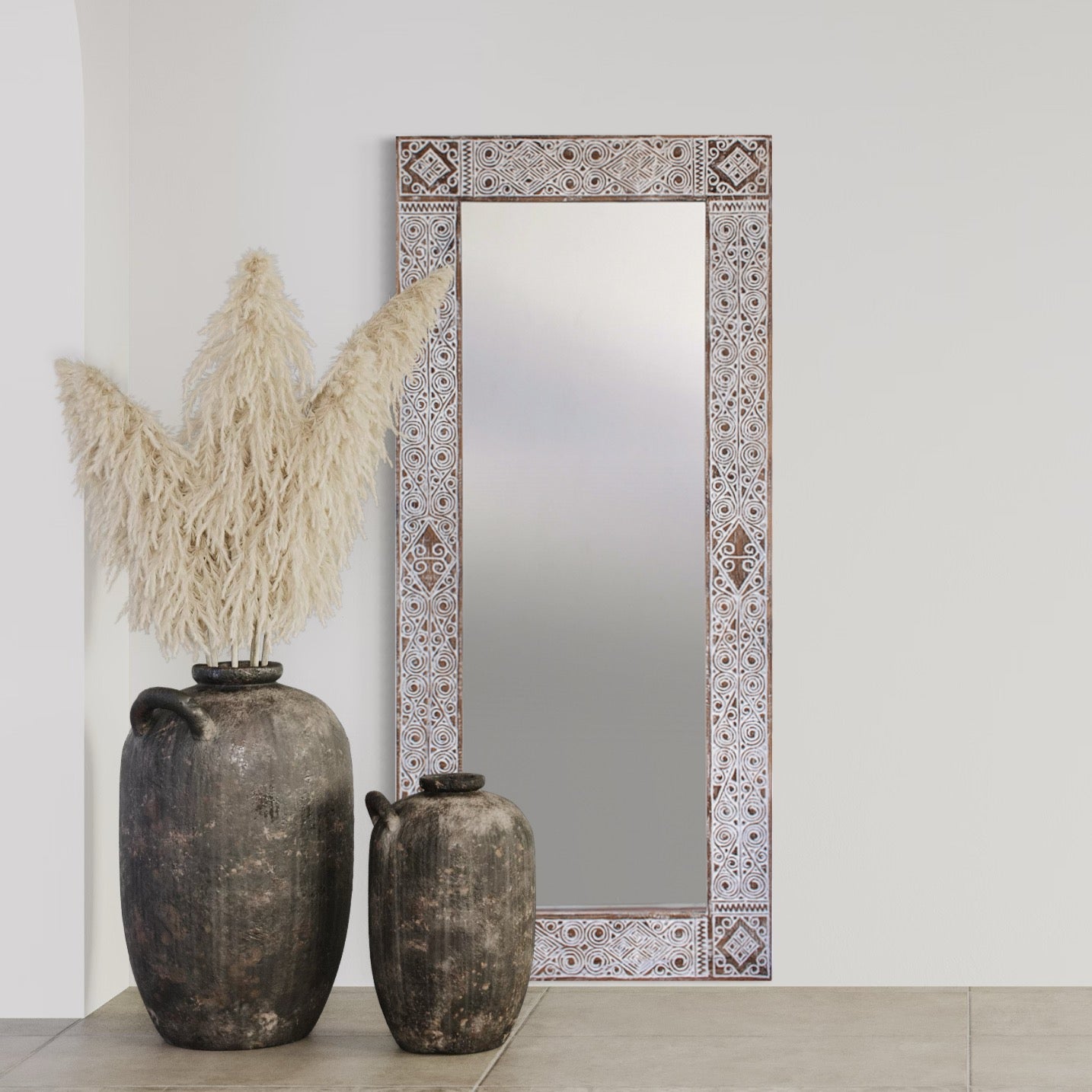 Hand Carved Mirror "Ainaro" - White Wash - 180 x 80 cm