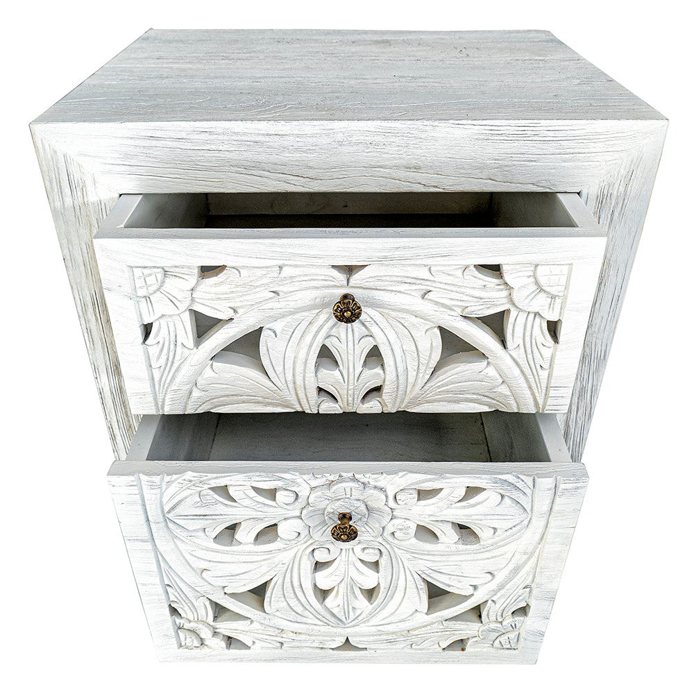 Wooden Carved Bedside Table 'Amed' - White Wash
