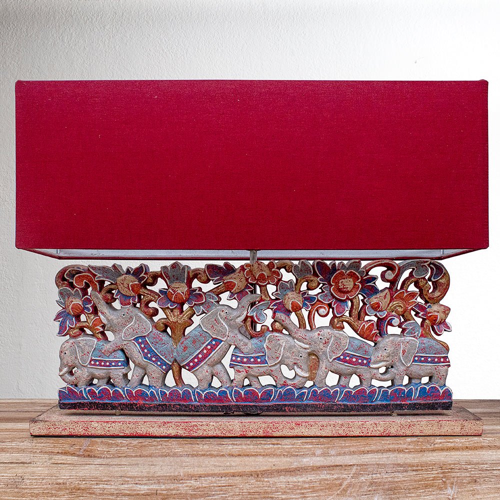 Custom Carved Table Lamp '6 Elephants' - Red & Gold Lampshade