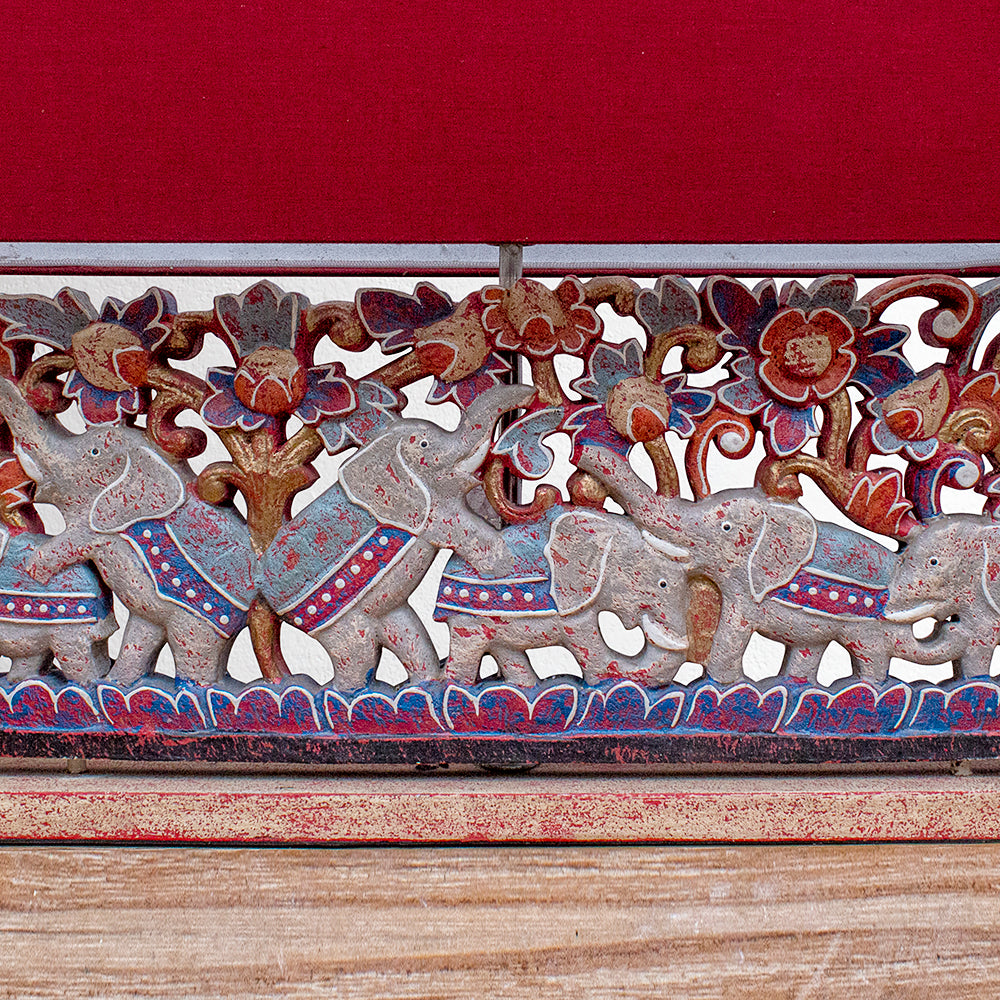 Custom Carved Table Lamp '6 Elephants' - Red & Gold Lampshade
