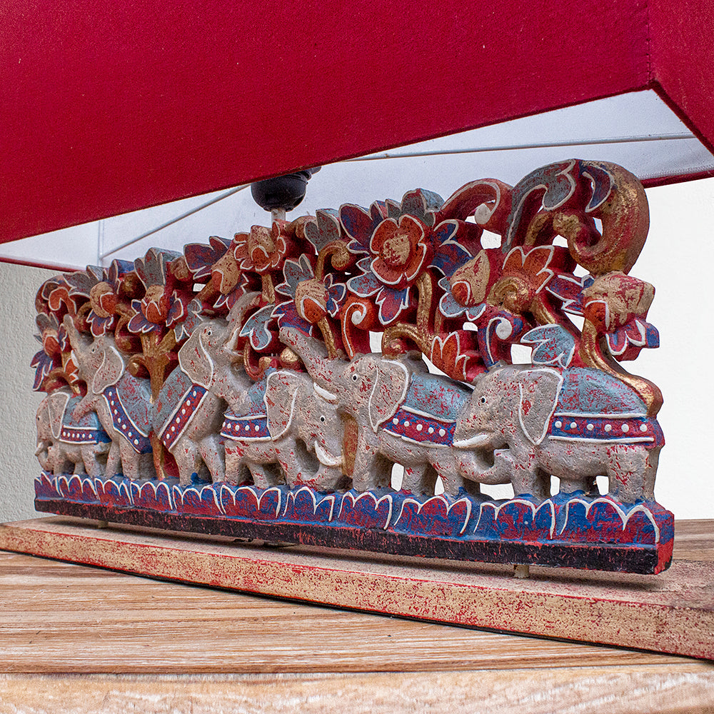 Custom Carved Table Lamp '6 Elephants' - Red & Gold Lampshade
