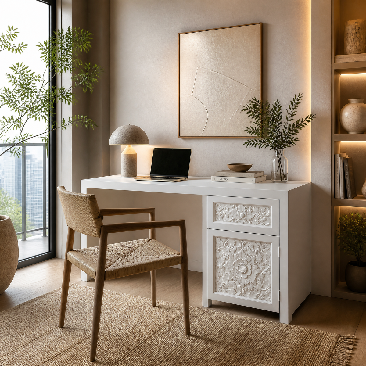 Carved Teak Working & Studying Table 'Alba' - White - 120 x 80 cm