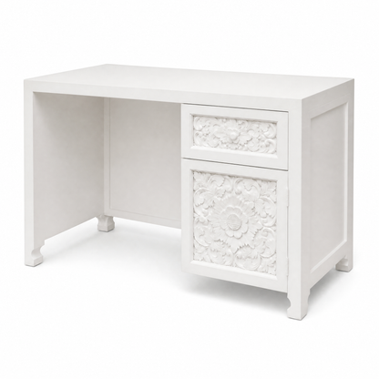 Carved Teak Working & Studying Table 'Alba' - White - 120 x 80 cm