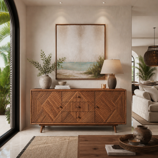 A mid-century modern wooden sideboard with geometric carved paneling, styled in a warm, neutral-toned living room under a framed landscape painting.