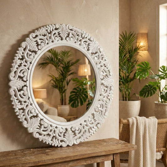 Hand Carved Mirror "Amed" White Wash - 70 cm
