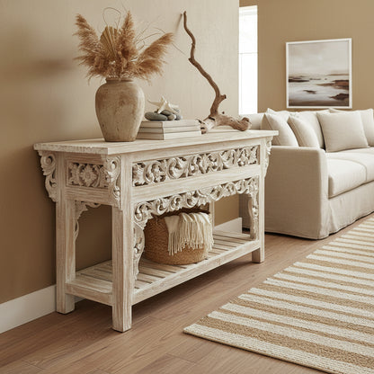 Wooden Carved Console Table "Balina" - White Wash - 150 cm