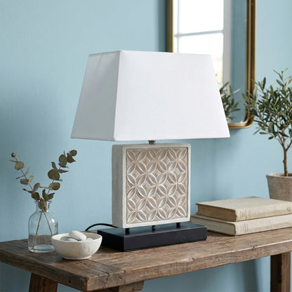 Carved Table Lamp 'Batik' - White