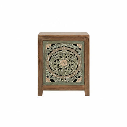 Wooden Carved Bedside Table 'Sekar' - Natural and Multicolor Green - 60 cm