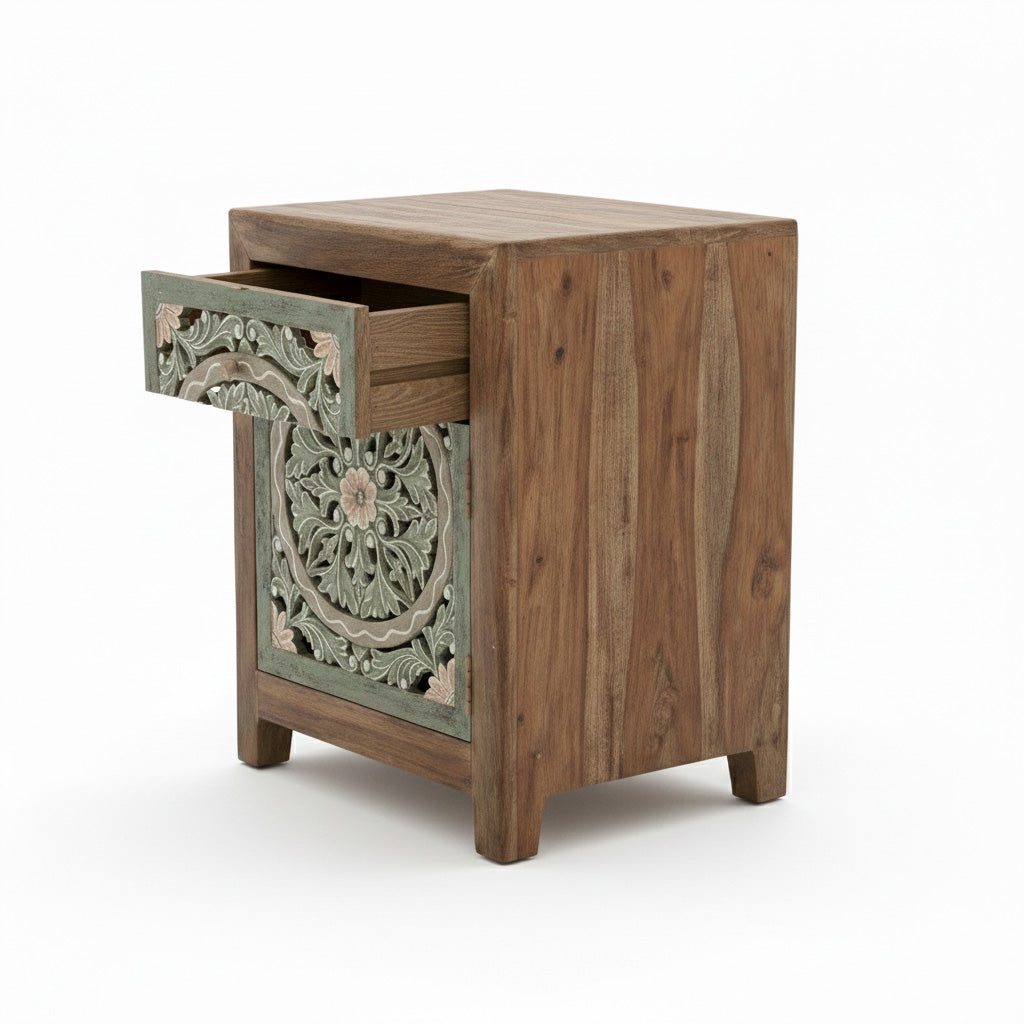 Wooden Carved Bedside Table 'Sekar' - Natural and Multicolor Green - 60 cm