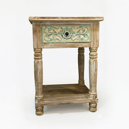 Wooden Carved Side Table 'Puspa' - Natural and Multicolor Green - 60 cm