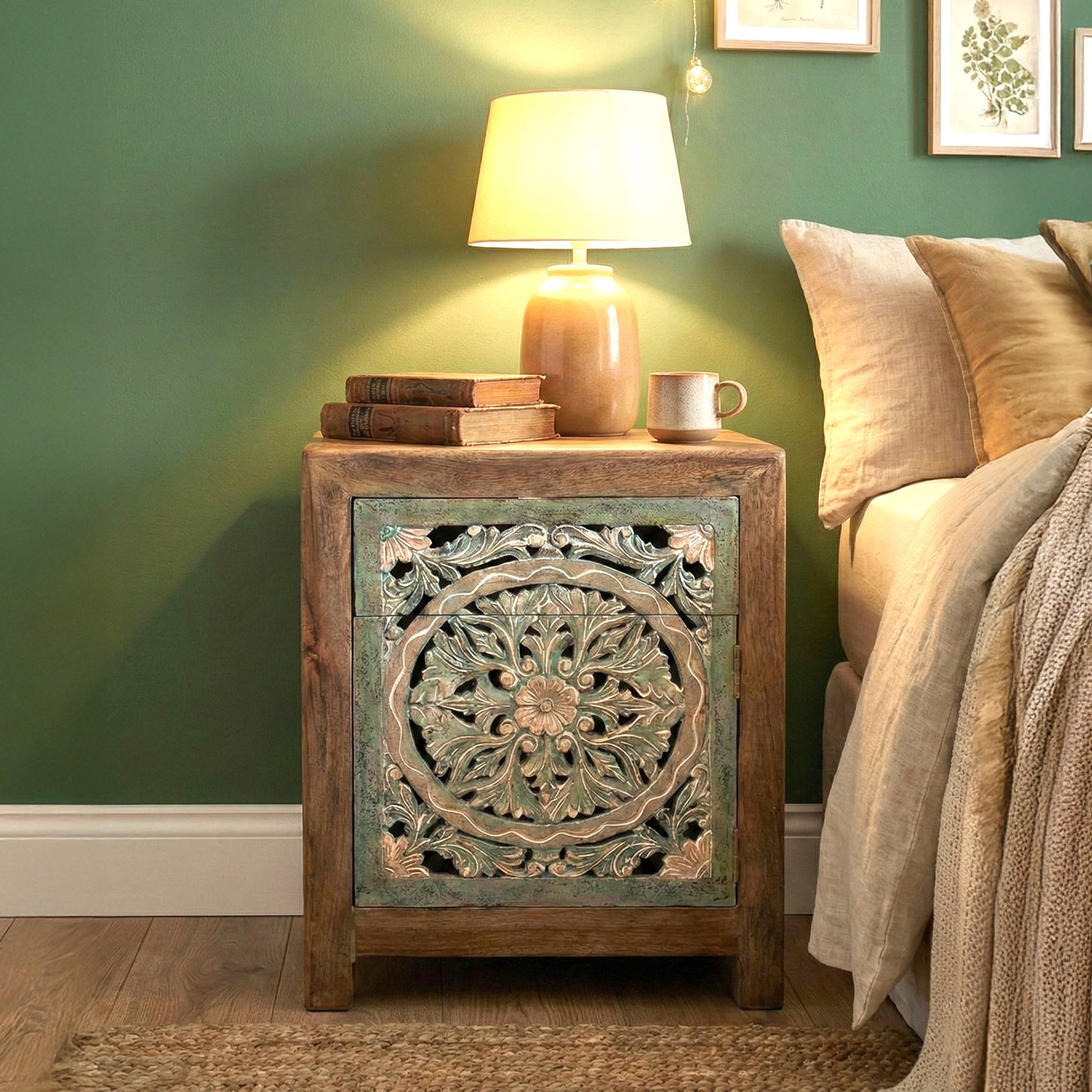 Wooden Carved Bedside Table 'Sekar' - Natural and Multicolor Green - 60 cm