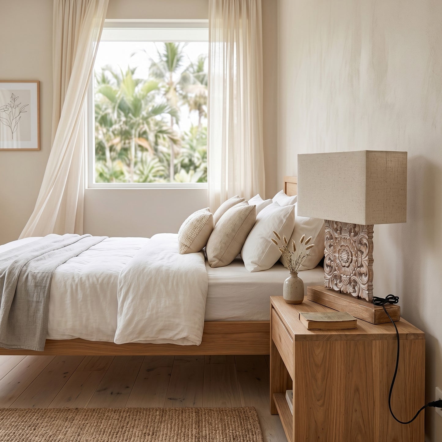 Carved Table Lamp "Benoa" - Natural Wash