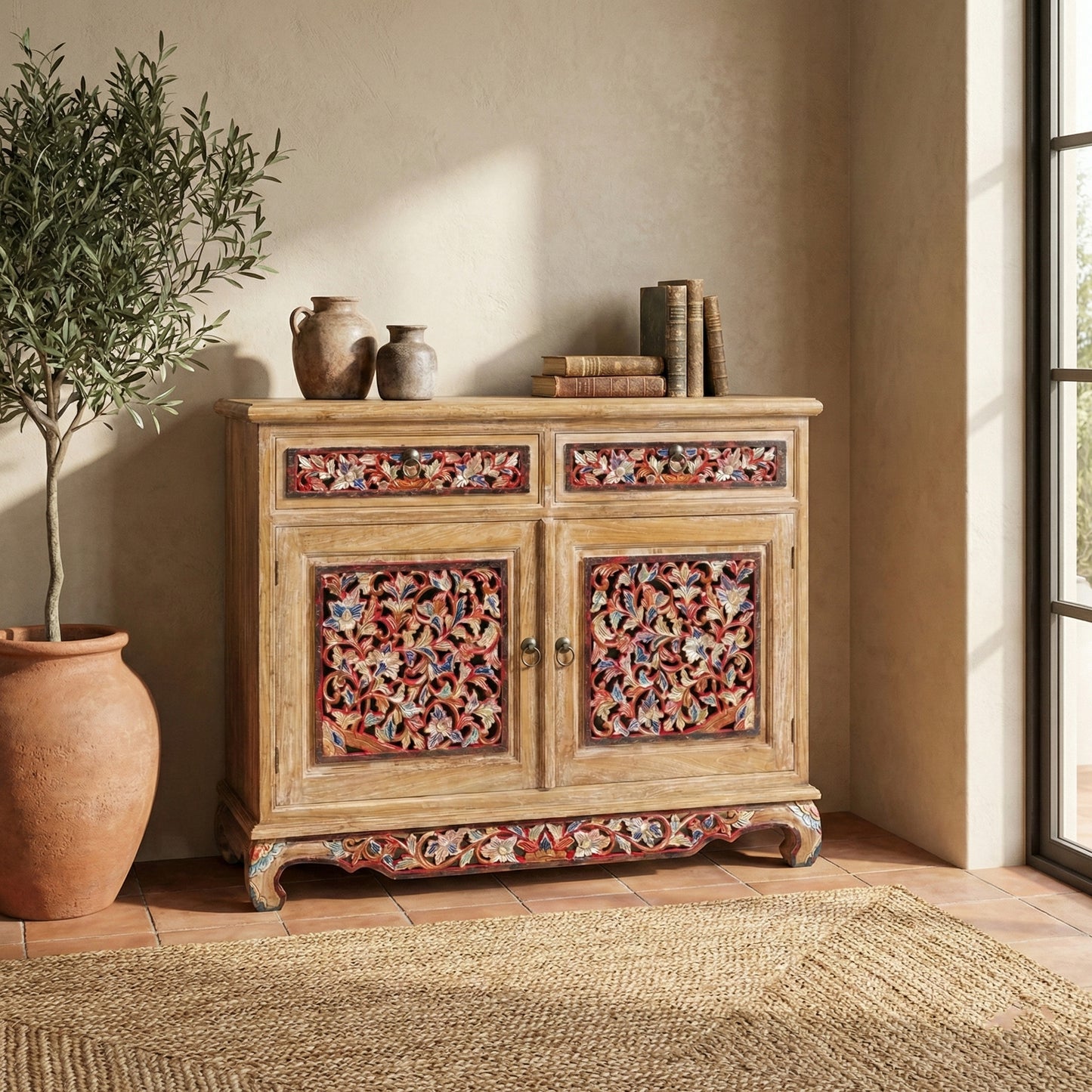 Wooden Carved Console Cabinet With Storage "Sela" - 100 cm