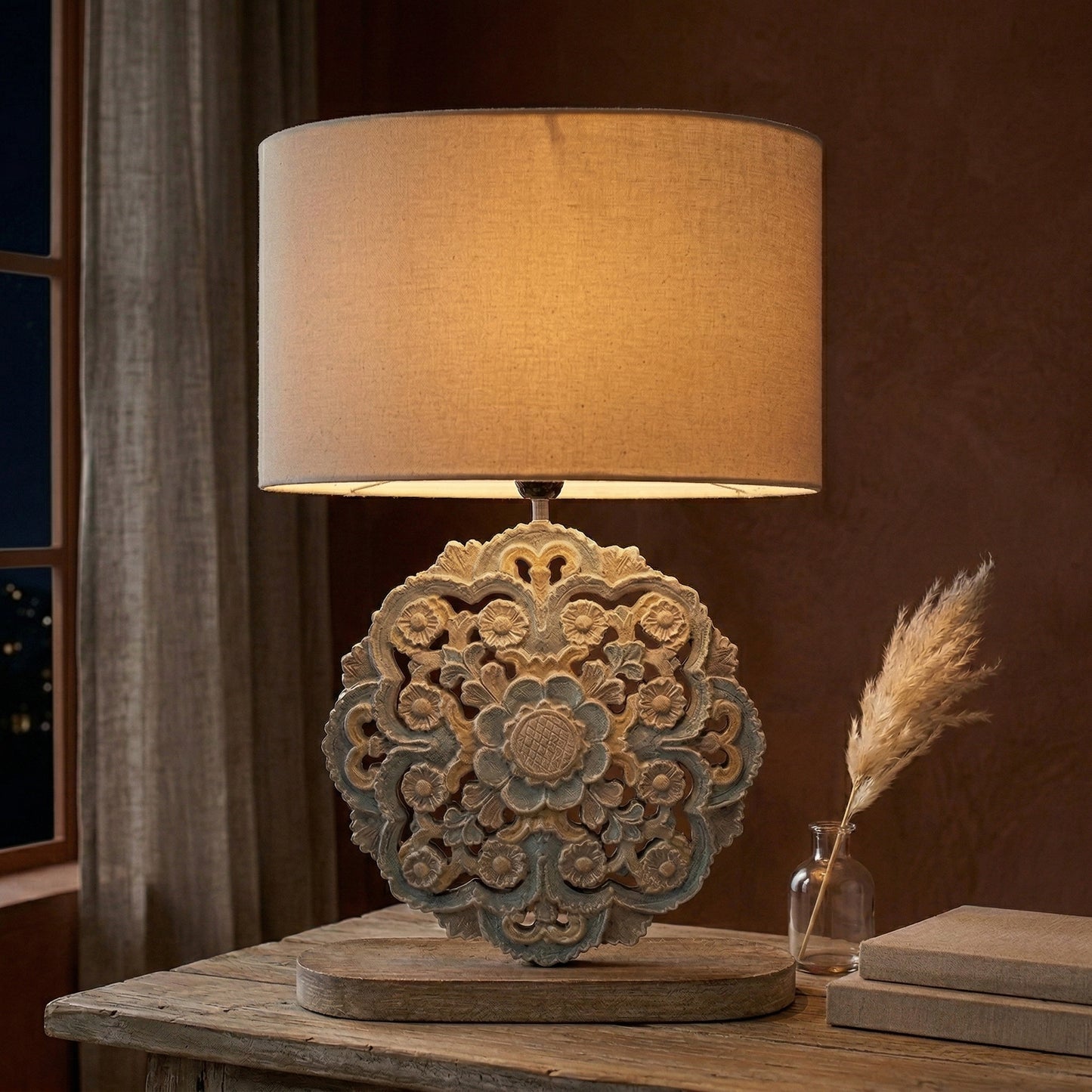 Carved Table Lamp 'Diya' - Pastel Blue