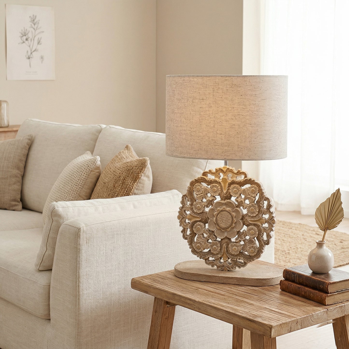 Carved Table Lamp 'Diya' - Pastel Brown