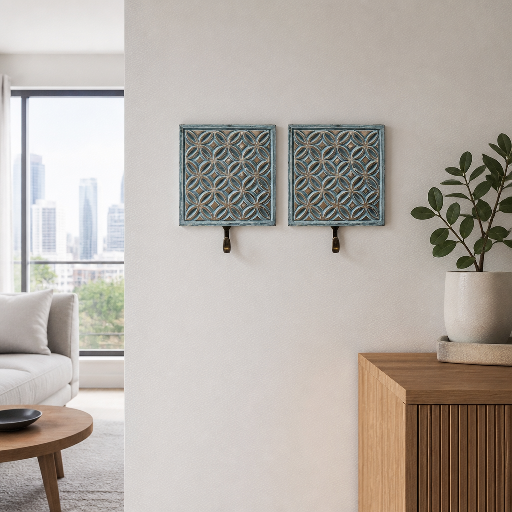 Brass Carved Hanger 'Flora' - Blue