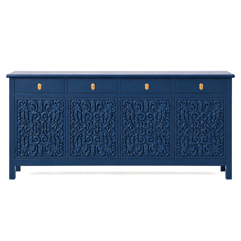 Wooden Carved Sideboard Console Cabinet "Huta" - Midnight Blue - 180 cm