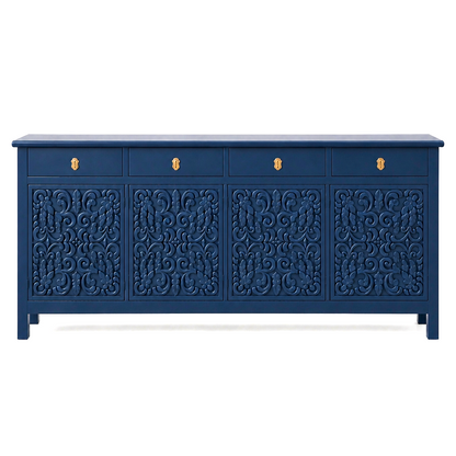 Wooden Carved Sideboard Console Cabinet "Huta" - Midnight Blue - 180 cm