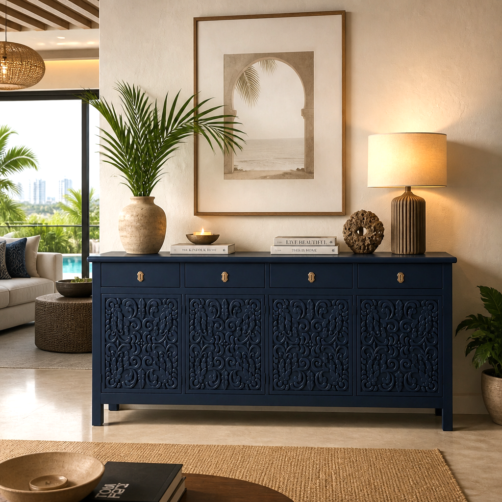 Wooden Carved Sideboard Console Cabinet "Huta" - Midnight Blue - 180 cm