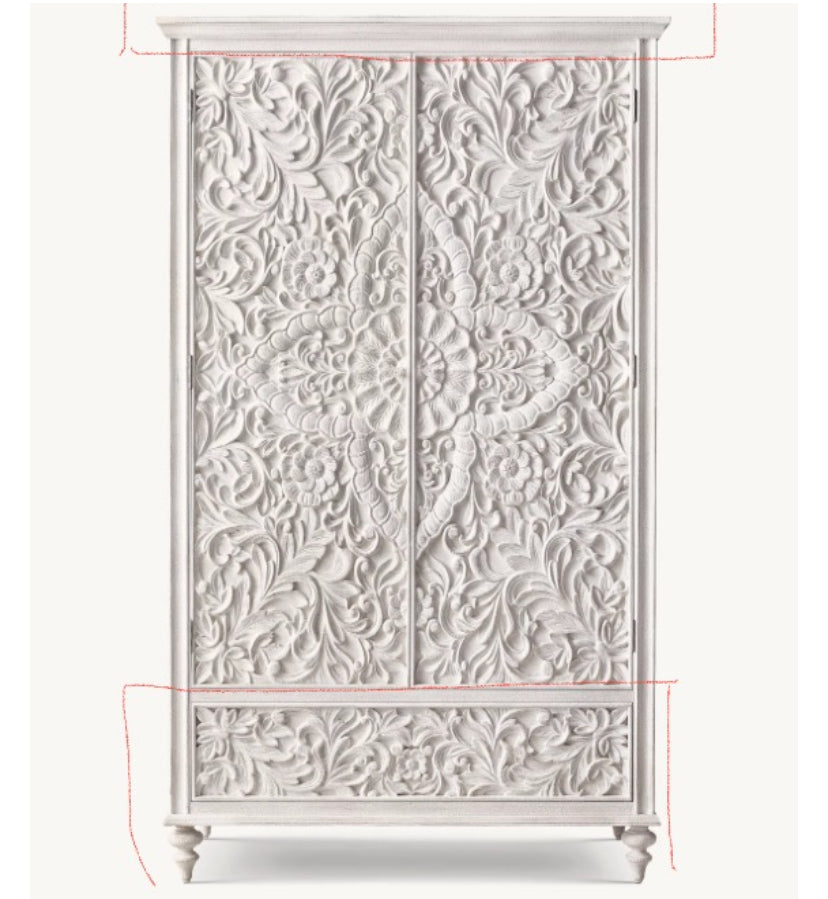 Custom Carved Wood Trunk "Cristina" - Light Grey with Antic Wash