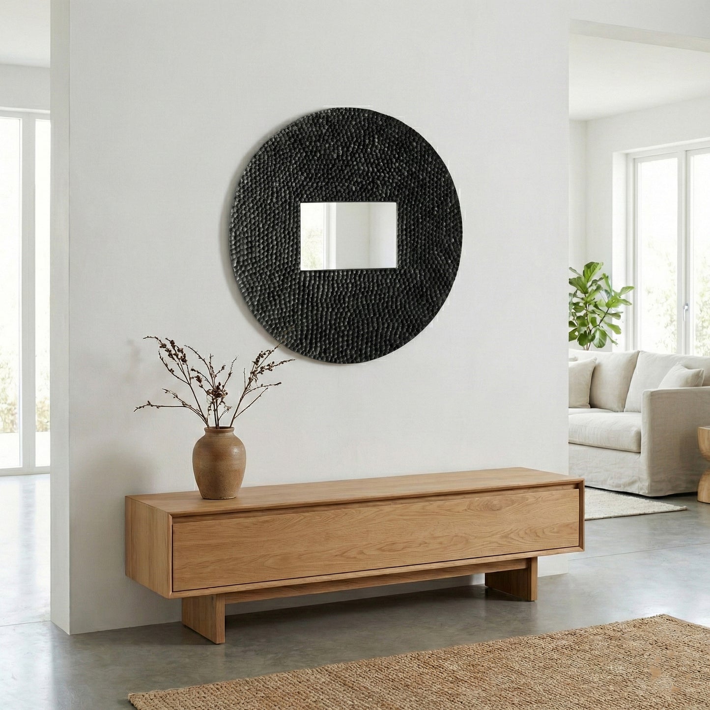 Wooden Round Sculptured Mirror "Pariaman" - Black - 70 cm