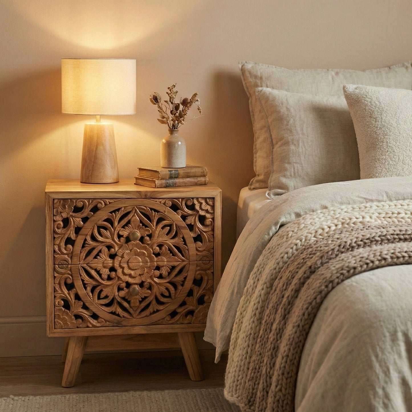 Carved Bedside Table 'Indra' - Natural
