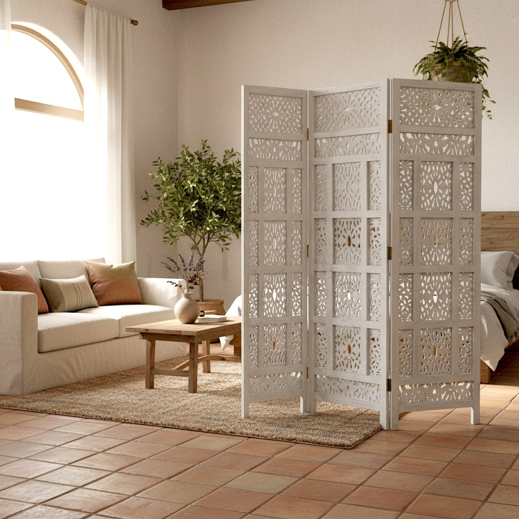 Carved Room Divider "Jaring" 180 cm - White