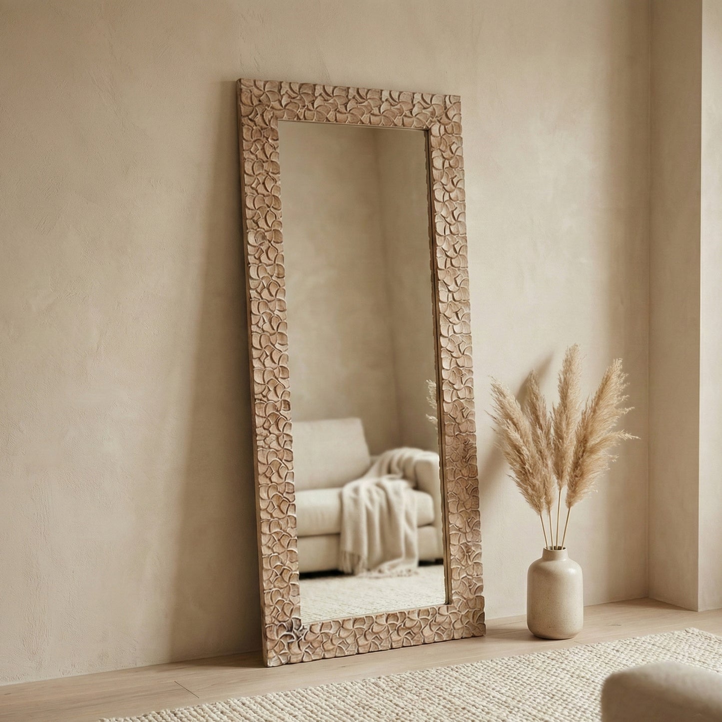 Hand Carved Mirror "Kamboja" - Natural Wash - 180 cm