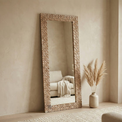 Hand Carved Mirror "Kamboja" - Natural Wash - 180 cm