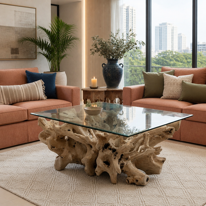 A modern living room featuring a unique coffee table made of a natural driftwood or tree root base with a clear glass top, flanked by two peach-colored sofas with decorative pillows.