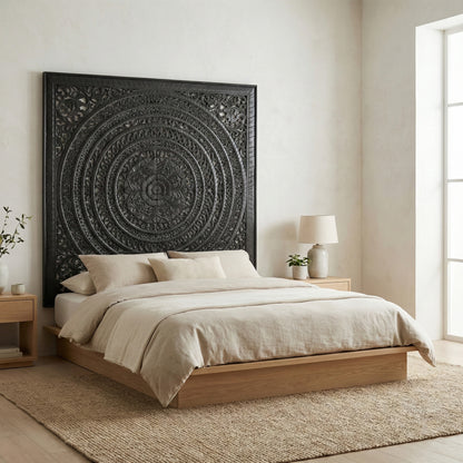 Carved Full Bed Headboard "Kusuma" in Black