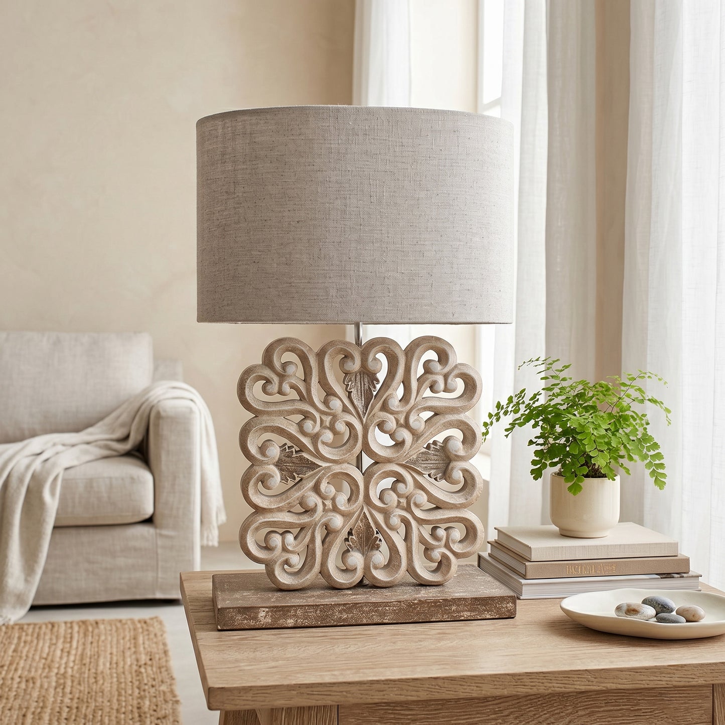 Carved Table Lamp "Labuan" - Pastel Brown