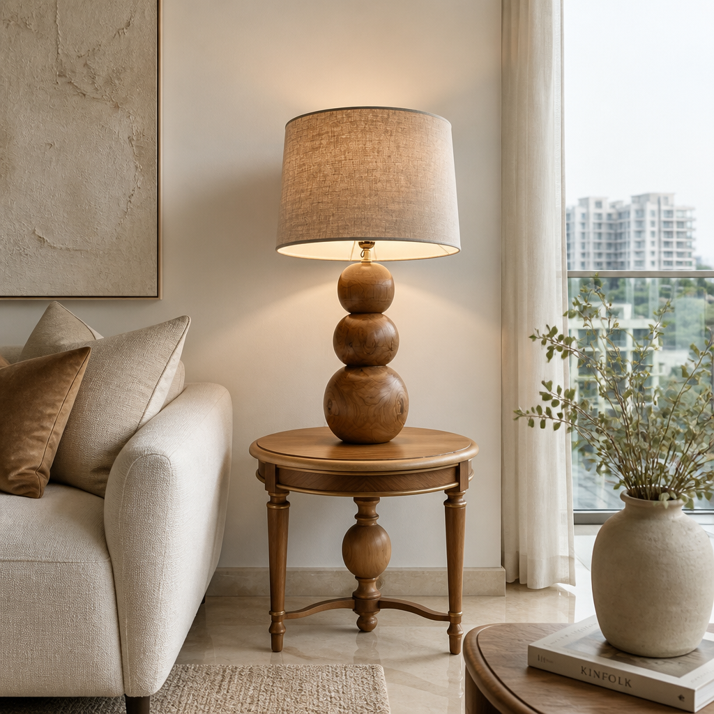 A wooden table lamp with a tiered, stacked-bulb design and a beige linen drum shade, styled on a round wooden side table in a modern living room next to a beige sofa.