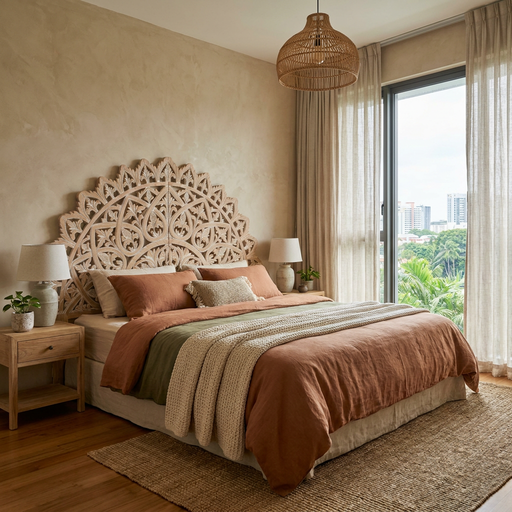 Carved Bed Headboard "Mahkota" - Antique Wash