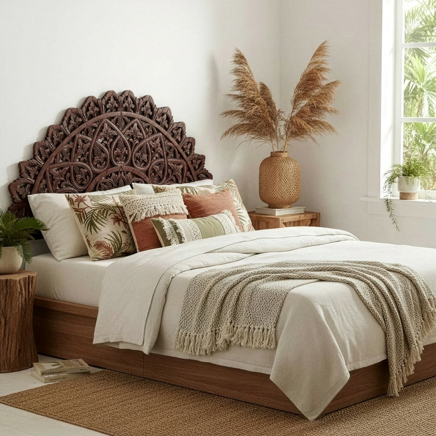 Carved Bed Headboard "Mahkota" - Dark Brown