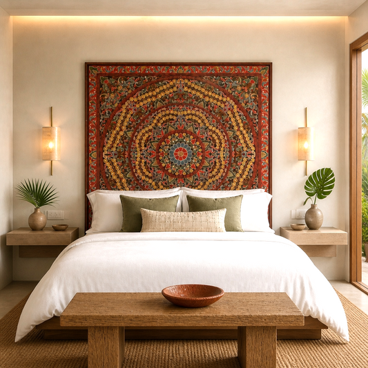 Carved Bed Headboard 'Malawi' - Multicolour Red