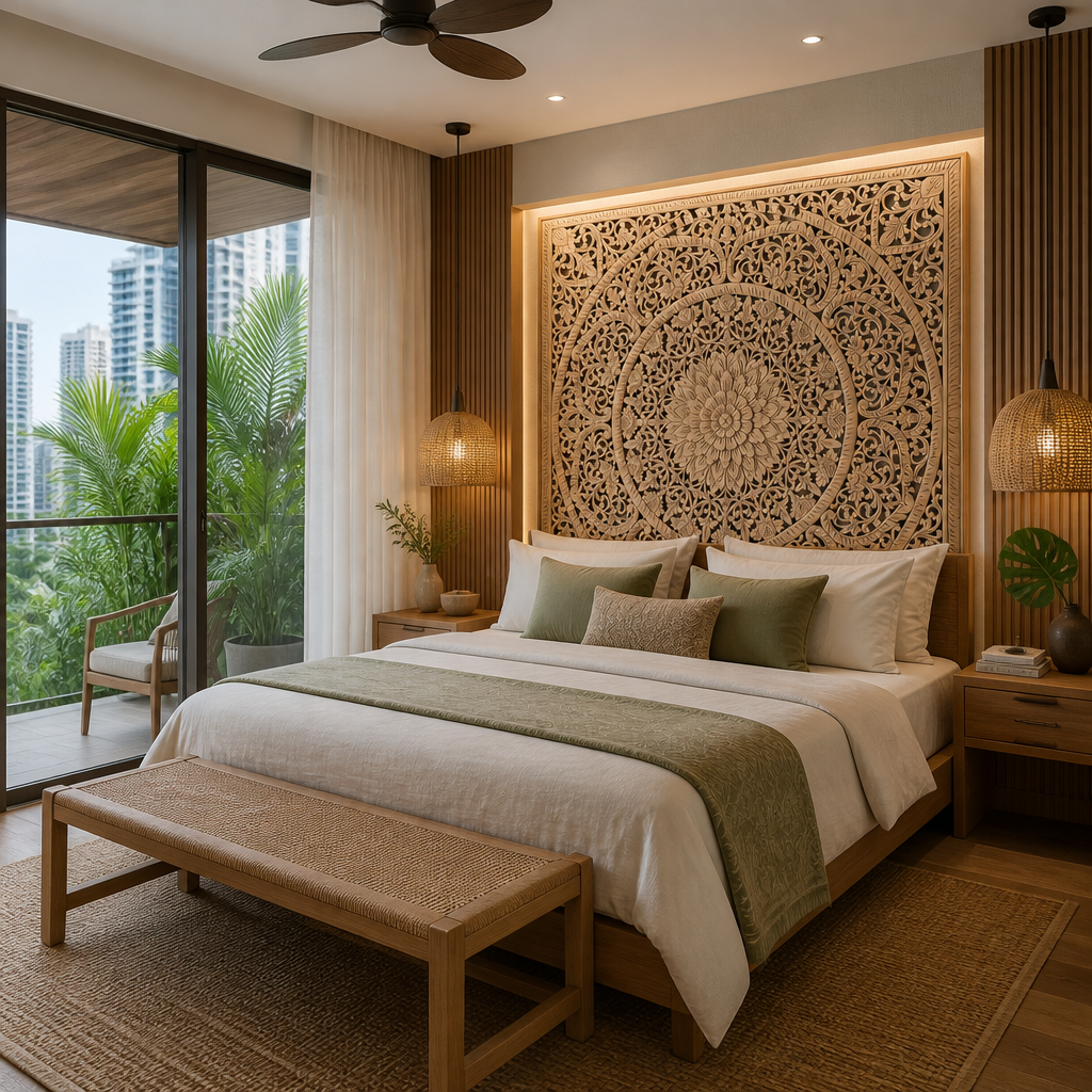 A modern bedroom featuring a large wooden bed frame with an intricate carved circular headboard, dressed in white and sage green bedding. A woven cane bench sits at the foot of the bed, flanked by matching wood nightstands and warm-toned pendant lamps.