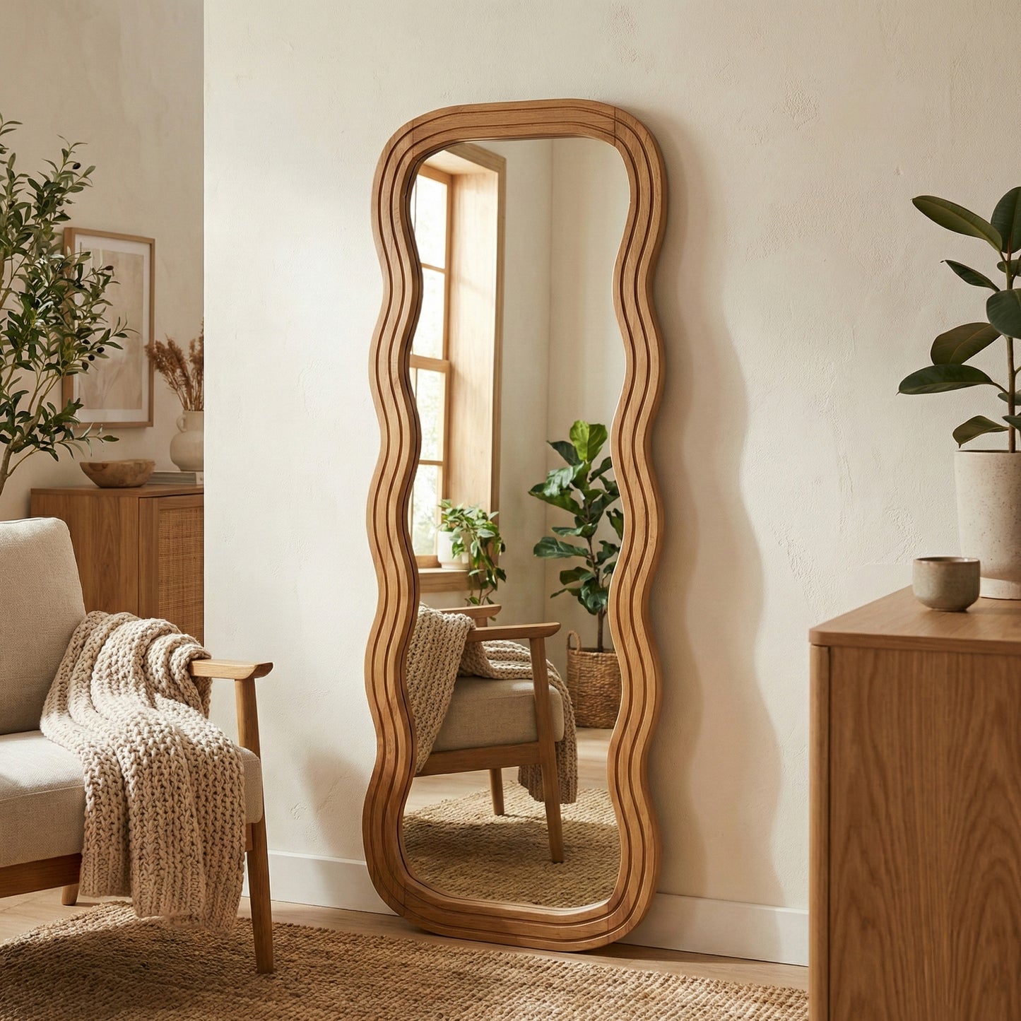 Wooden Wavy Mirror 'Asri' - Natural -  170 x 60 cm