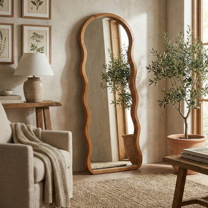 Wooden Wavy Mirror 'Lini' - Natural -  170 x 60 cm