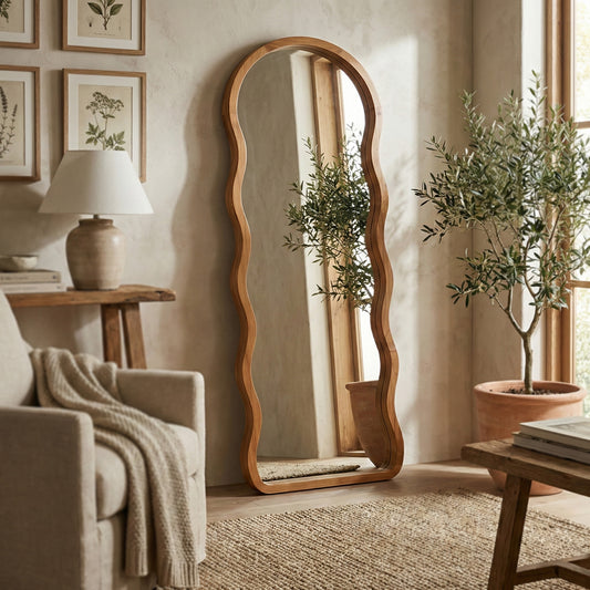 Wooden Wavy Mirror 'Lini' - Natural -  170 x 60 cm