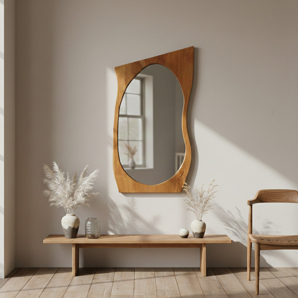 Wooden Organic Wavy Mirror 'Rimba' - Natural -  100 x 53 cm