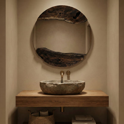 Wooden Organic Round Mirror "Tenang" - Antique Natural - 60 cm