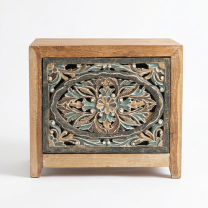 Wooden Carved Bedside Table 'Sekar' - Natural and Multicolor Blue - 50cm