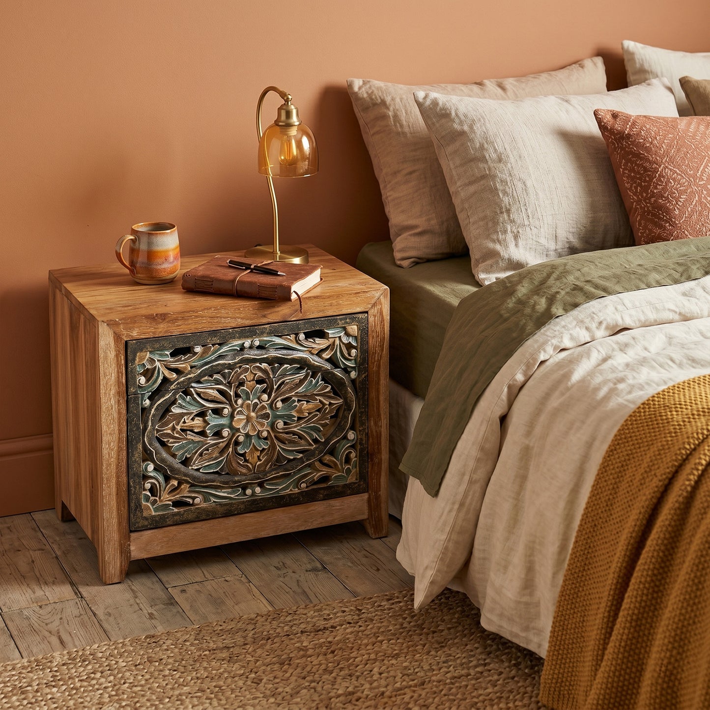 Wooden Carved Bedside Table 'Sekar' - Natural and Multicolor Blue - 50cm